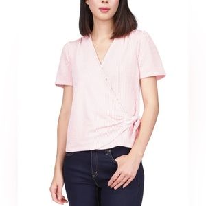 MICHAEL KORS Womens Orange Tie Snap Button Closure Short Sleeve Faux Wrap Top XS